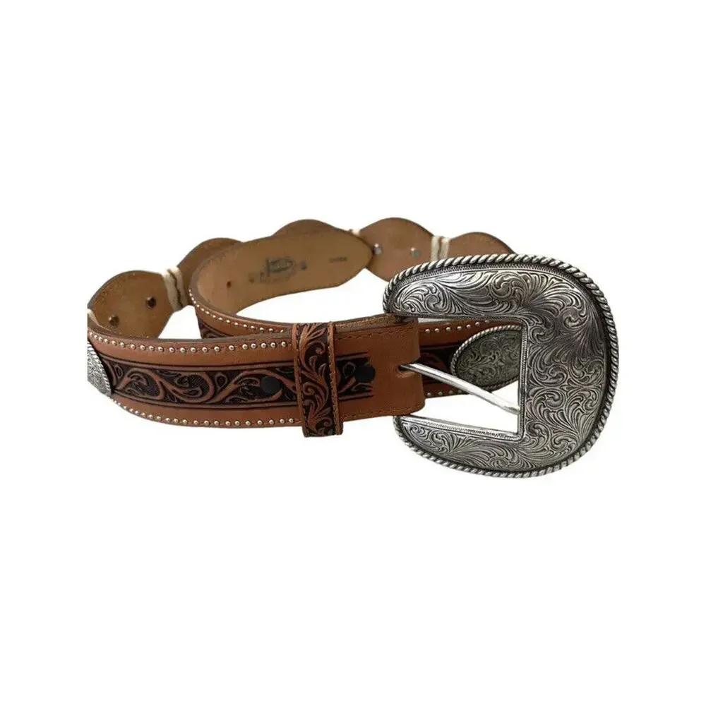 Justin Women's Belt Western Leather Vintage Unisex Sz  28-30 TAN Brown Tooled